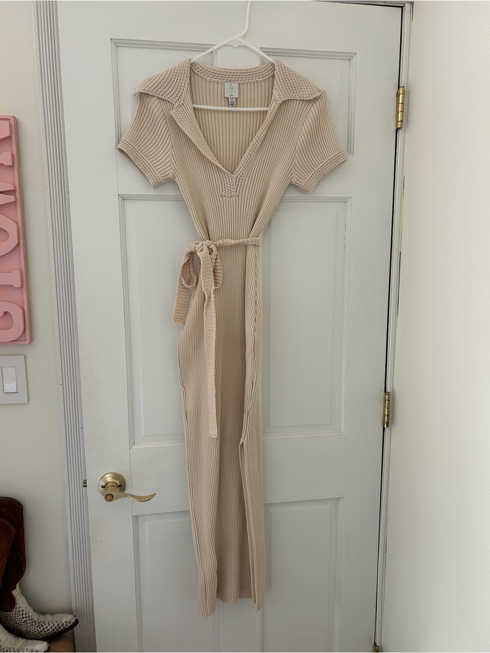 Joie Cream Ribbed Maxi Dress with Tie Waist